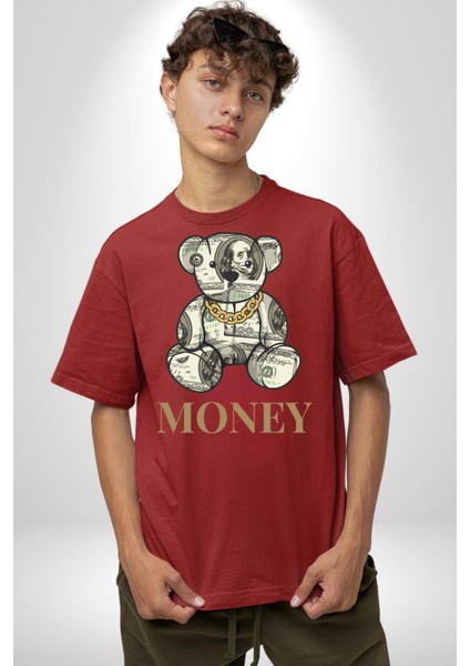 Dolar Ayı Havalı Tasarım Kadın Erkek Ön Baskılı Kırmızı Pamuklu Tişört Penye Klasik modelleri