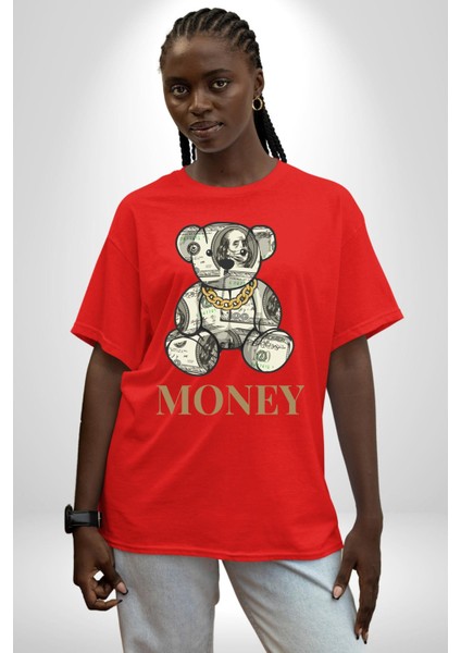 Dolar Ayı Havalı Tasarım Kadın Erkek Ön Baskılı Kırmızı Pamuklu Tişört Penye Klasik fırsatları