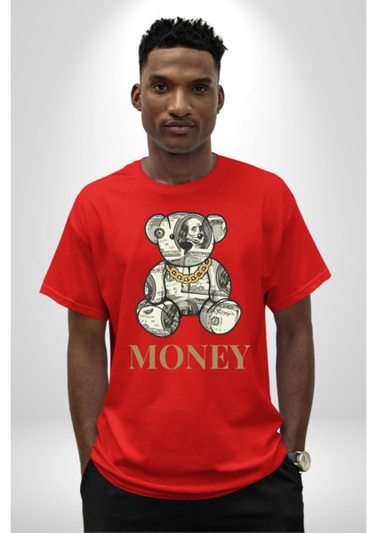 Dolar Ayı Havalı Tasarım Kadın Erkek Ön Baskılı Kırmızı Pamuklu Tişört Penye Klasik indirimleri