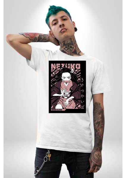 Demon Slayer Nezuko Kamado Anime Kadın Erkek Ön Baskılı Beyaz Pamuklu Tişört Penye Klasik