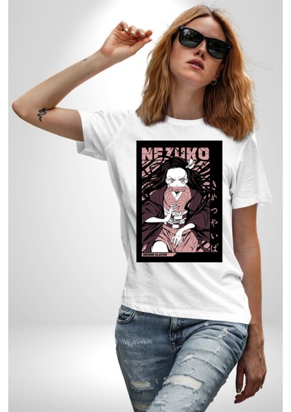 Demon Slayer Nezuko Kamado Anime Kadın Erkek Ön Baskılı Beyaz Pamuklu Tişört Penye Klasik fiyatları