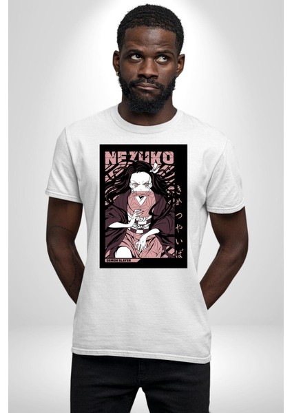 Demon Slayer Nezuko Kamado Anime Kadın Erkek Ön Baskılı Beyaz Pamuklu Tişört Penye Klasik modelleri