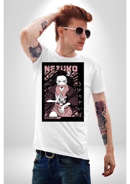 Demon Slayer Nezuko Kamado Anime Kadın Erkek Ön Baskılı Beyaz Pamuklu Tişört Penye Klasik indirimleri