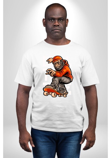 Kaykaylı Sweatli Maymun Sokak Tarzı Kadın Erkek Ön Baskılı Beyaz Pamuklu Tişört Penye Klasik fiyatları