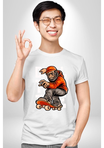 Kaykaylı Sweatli Maymun Sokak Tarzı Kadın Erkek Ön Baskılı Beyaz Pamuklu Tişört Penye Klasik indirimleri