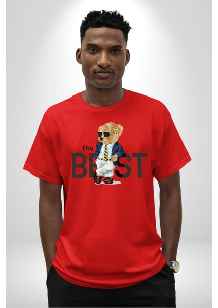 Havalı Iş Adamı Oyuncak Ayı Kadın Erkek Ön Baskılı Kırmızı Pamuklu Tişört Penye Klasik