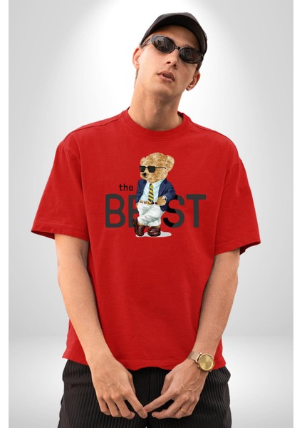 Havalı Iş Adamı Oyuncak Ayı Kadın Erkek Ön Baskılı Kırmızı Pamuklu Tişört Penye Klasik modelleri