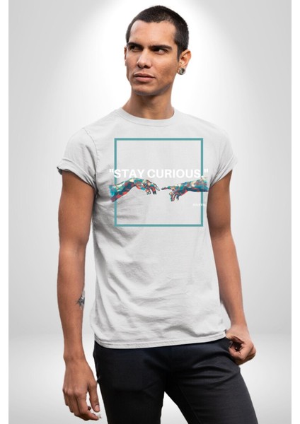 Michelangelo ve Adem Sanat Tablosu Kadın Erkek Ön Baskılı Beyaz Pamuklu Tişört Penye Klasik