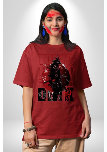 Tokyo Japon Samuray Savaşçısı Kadın Erkek Ön Baskılı Kırmızı Pamuklu Tişört Penye Klasik