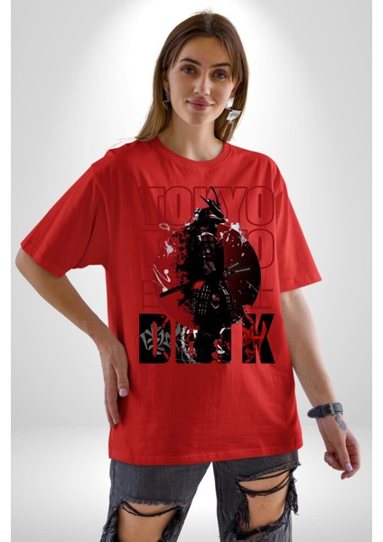 Tokyo Japon Samuray Savaşçısı Kadın Erkek Ön Baskılı Kırmızı Pamuklu Tişört Penye Klasik fiyatları