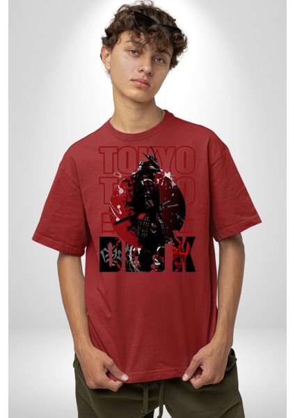Tokyo Japon Samuray Savaşçısı Kadın Erkek Ön Baskılı Kırmızı Pamuklu Tişört Penye Klasik modelleri