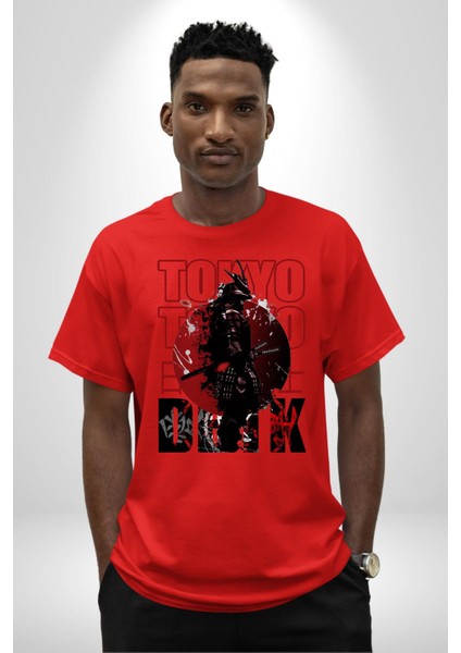 Tokyo Japon Samuray Savaşçısı Kadın Erkek Ön Baskılı Kırmızı Pamuklu Tişört Penye Klasik indirimleri
