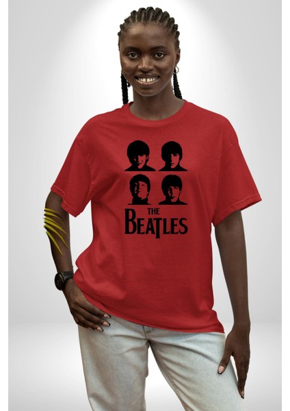 The Beatles Efsane Müzik Grubu Kadın Erkek Ön Baskılı Kırmızı Pamuklu Tişört Penye Klasik indirimleri