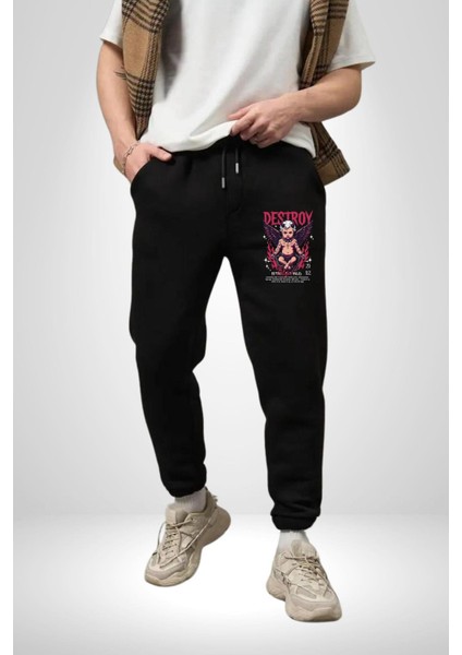 Punk Hayatı Kuru Kafa Rahat Siyah Dijital Baskılı Kadın Erkek Eşofman Altı modelleri