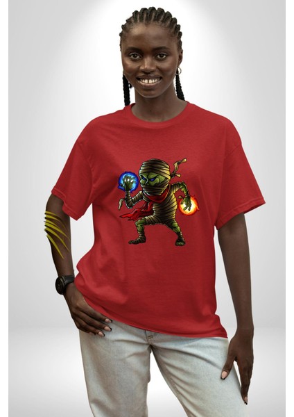 Büyücü Mumya Karakter Kadın Erkek Ön Baskılı Kırmızı Pamuklu Tişört Penye Klasik