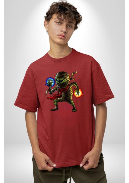 Büyücü Mumya Karakter Kadın Erkek Ön Baskılı Kırmızı Pamuklu Tişört Penye Klasik indirimleri