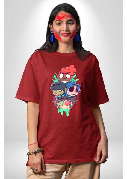 Gorillaz Anime Karakter Kadın Erkek Ön Baskılı Kırmızı Pamuklu Tişört Penye Klasik