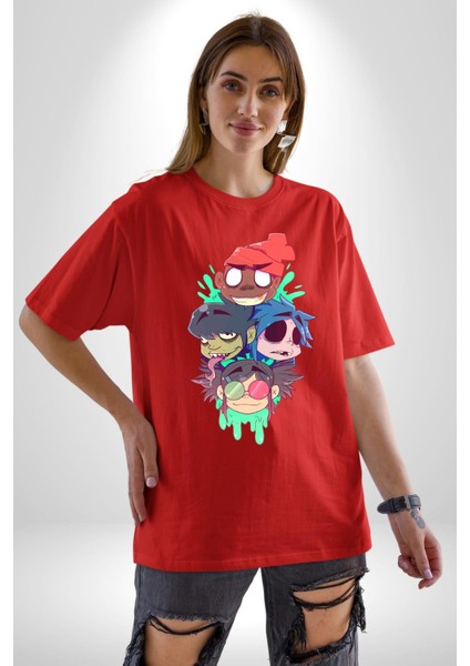 Gorillaz Anime Karakter Kadın Erkek Ön Baskılı Kırmızı Pamuklu Tişört Penye Klasik fiyatları