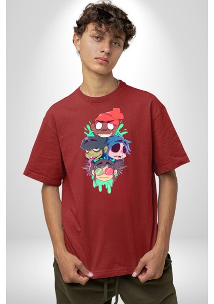 Gorillaz Anime Karakter Kadın Erkek Ön Baskılı Kırmızı Pamuklu Tişört Penye Klasik modelleri