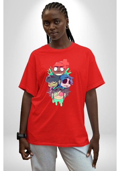 Gorillaz Anime Karakter Kadın Erkek Ön Baskılı Kırmızı Pamuklu Tişört Penye Klasik fırsatları