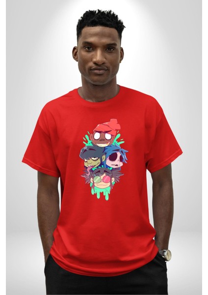 Gorillaz Anime Karakter Kadın Erkek Ön Baskılı Kırmızı Pamuklu Tişört Penye Klasik indirimleri