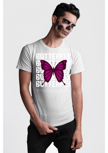 Aşk Kelebek Gibidir Sokak Tarzı Kadın Erkek Ön Baskılı Beyaz Pamuklu Tişört Penye Klasik indirimleri