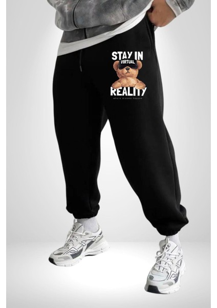 Sanal Gerçeklikte Kalmak Oyuncak Ayı Rahat Siyah Dijital Baskılı Kadın Erkek Eşofman Altı