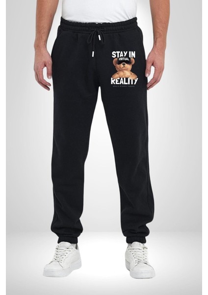 Sanal Gerçeklikte Kalmak Oyuncak Ayı Rahat Siyah Dijital Baskılı Kadın Erkek Eşofman Altı indirimleri