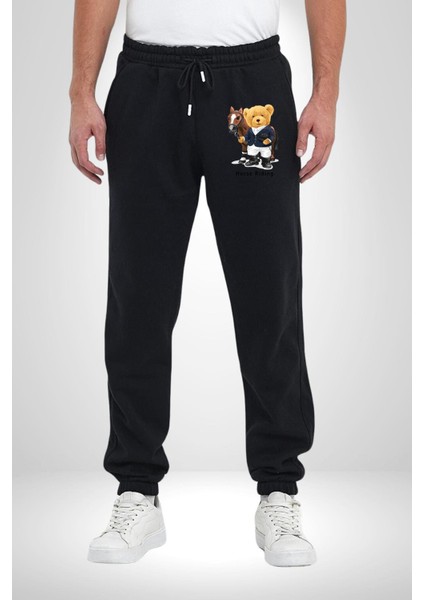 Binici Tatlı Havalı Oyuncak Ayı Rahat Siyah Dijital Baskılı Kadın Erkek Eşofman Altı