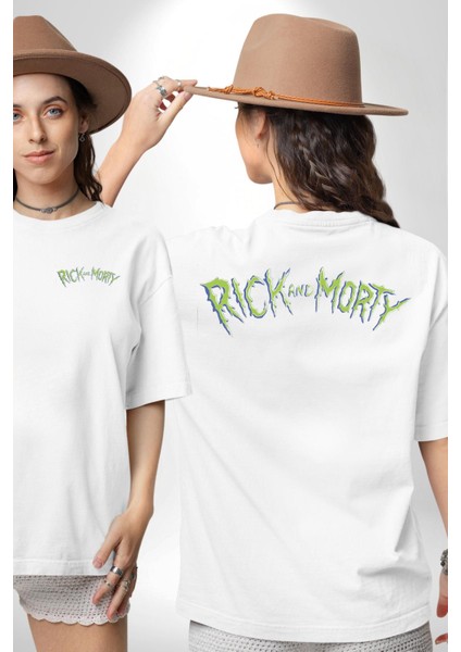Rick And Morty Logo Kadın Erkek Ön Minimal Sırt Baskılı Beyaz Pamuklu Tişört