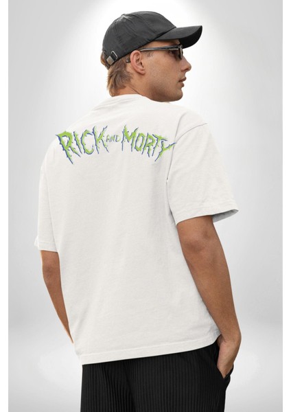 Rick And Morty Logo Kadın Erkek Ön Minimal Sırt Baskılı Beyaz Pamuklu Tişört