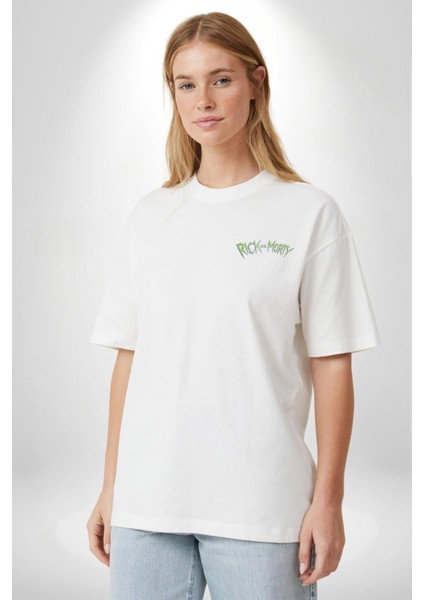 Rick And Morty Logo Kadın Erkek Ön Minimal Sırt Baskılı Beyaz Pamuklu Tişört
