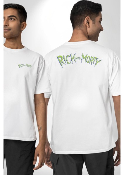 Rick And Morty Logo Kadın Erkek Ön Minimal Sırt Baskılı Beyaz Pamuklu Tişört