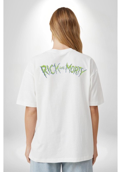 Rick And Morty Logo Kadın Erkek Ön Minimal Sırt Baskılı Beyaz Pamuklu Tişört