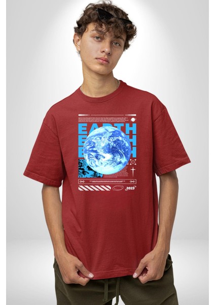 Dünya Tekno Sokak Tarzı Kadın Erkek Ön Baskılı Kırmızı Pamuklu Tişört Penye Klasik