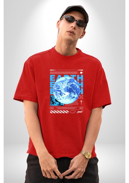 Dünya Tekno Sokak Tarzı Kadın Erkek Ön Baskılı Kırmızı Pamuklu Tişört Penye Klasik indirimleri