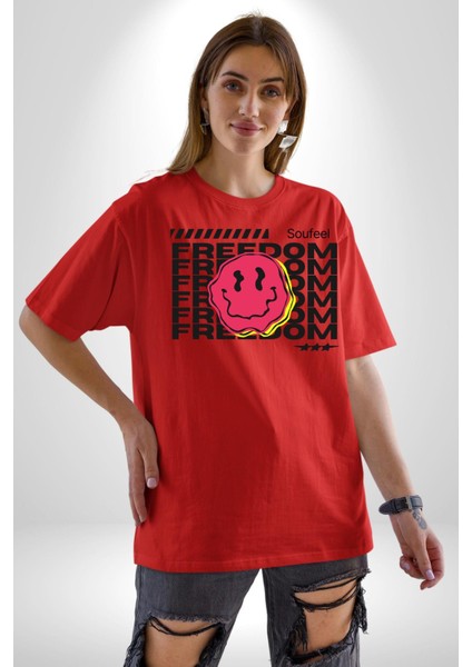 Özgürlük Gülen Surat Kadın Erkek Ön Baskılı Kırmızı Pamuklu Tişört Penye Klasik indirimleri
