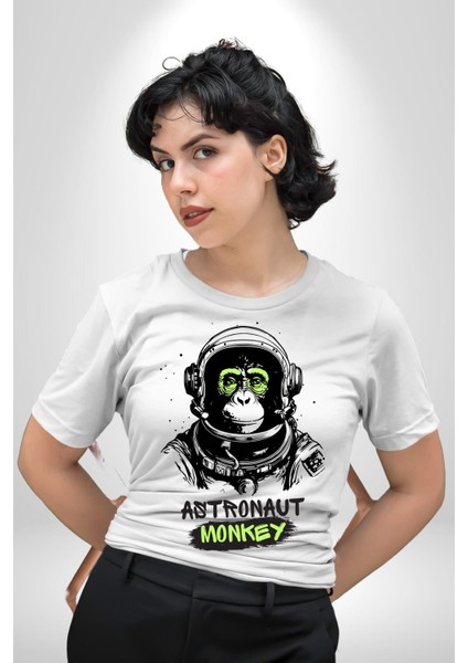 Astronot Maymun Uzay Avcısı Kadın Erkek Ön Baskılı Beyaz Pamuklu Tişört Penye Klasik
