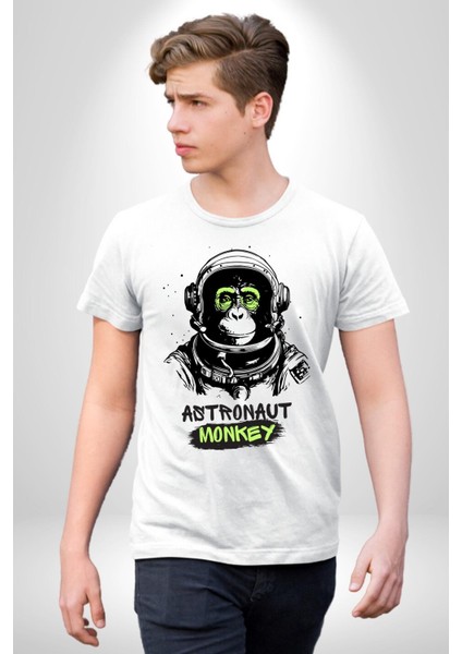 Astronot Maymun Uzay Avcısı Kadın Erkek Ön Baskılı Beyaz Pamuklu Tişört Penye Klasik fiyatları