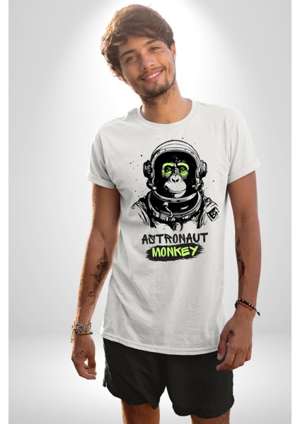 Astronot Maymun Uzay Avcısı Kadın Erkek Ön Baskılı Beyaz Pamuklu Tişört Penye Klasik fırsatları