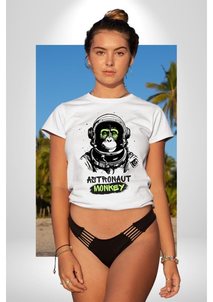 Astronot Maymun Uzay Avcısı Kadın Erkek Ön Baskılı Beyaz Pamuklu Tişört Penye Klasik indirimleri
