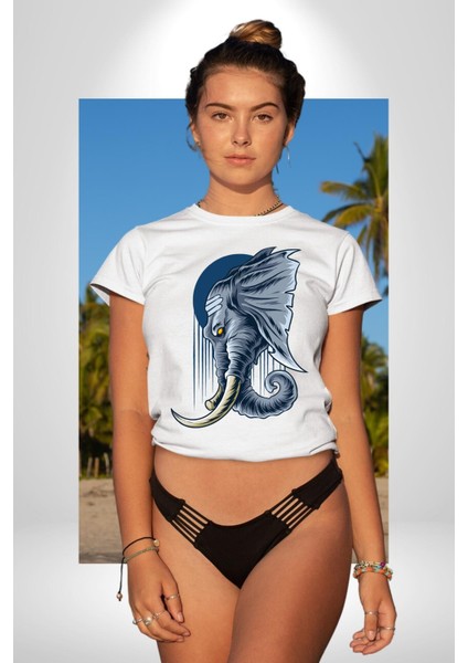 Astral Fil Mavi Ay Karşısında Kadın Erkek Ön Baskılı Beyaz Pamuklu Tişört Penye Klasik