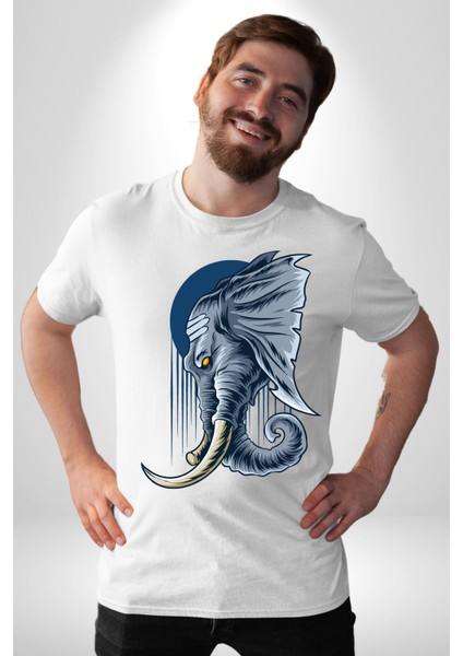 Astral Fil Mavi Ay Karşısında Kadın Erkek Ön Baskılı Beyaz Pamuklu Tişört Penye Klasik fiyatları