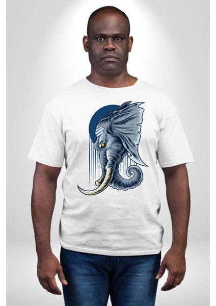 Astral Fil Mavi Ay Karşısında Kadın Erkek Ön Baskılı Beyaz Pamuklu Tişört Penye Klasik modelleri