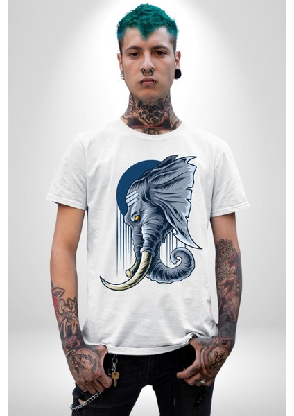 Astral Fil Mavi Ay Karşısında Kadın Erkek Ön Baskılı Beyaz Pamuklu Tişört Penye Klasik fırsatları