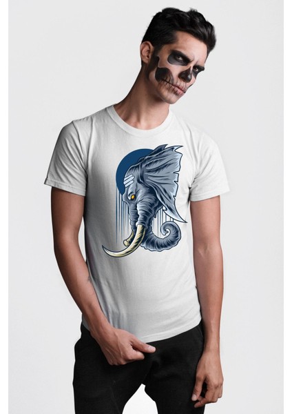Astral Fil Mavi Ay Karşısında Kadın Erkek Ön Baskılı Beyaz Pamuklu Tişört Penye Klasik indirimleri