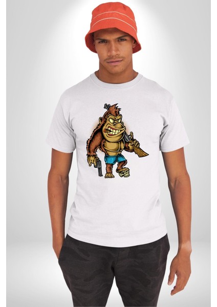 Teksaslı Savaşçı Goril Kadın Erkek Ön Baskılı Beyaz Pamuklu Tişört Penye Klasik