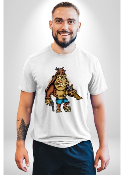 Teksaslı Savaşçı Goril Kadın Erkek Ön Baskılı Beyaz Pamuklu Tişört Penye Klasik fiyatları