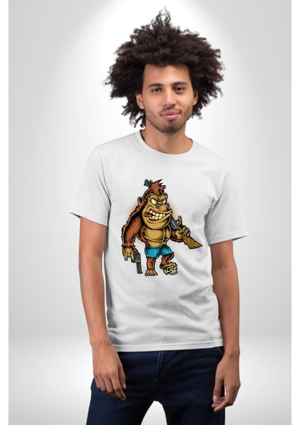 Teksaslı Savaşçı Goril Kadın Erkek Ön Baskılı Beyaz Pamuklu Tişört Penye Klasik modelleri