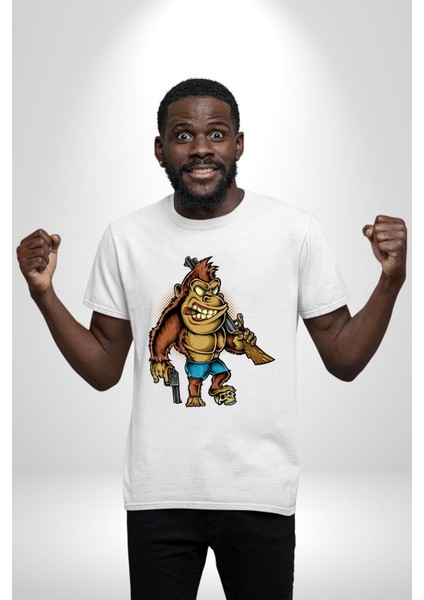 Teksaslı Savaşçı Goril Kadın Erkek Ön Baskılı Beyaz Pamuklu Tişört Penye Klasik fırsatları